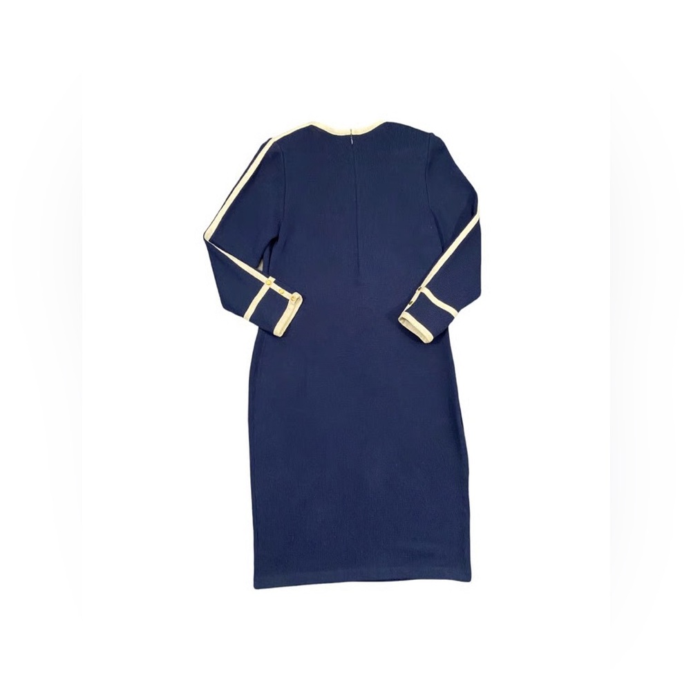 ST JOHN Navy Long Sleeve Dress with White Trim and Gold Button Detail - Picture 11 of 11